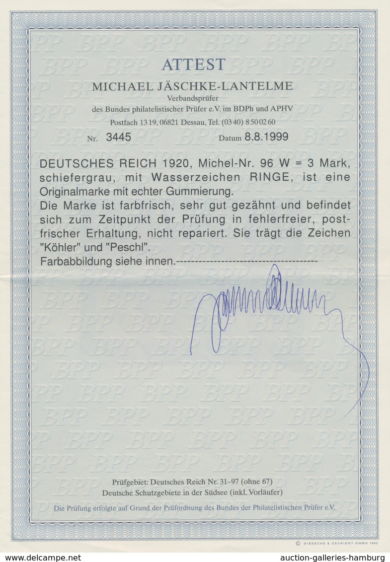 Deutsches Reich - Germania: 1920. Kaiser-Wilhelm-Denkmal 3 Mark Mit Wz. Ringe, Postfrisch, Perfekt Z - Other & Unclassified