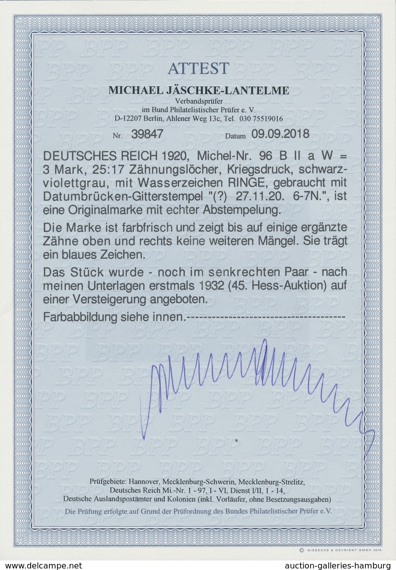 Deutsches Reich - Germania: 1920, 3 Mark Schwarzviolettgrau Mit Wz. RINGE Sauber Gestempelt, Die Mar - Andere & Zonder Classificatie