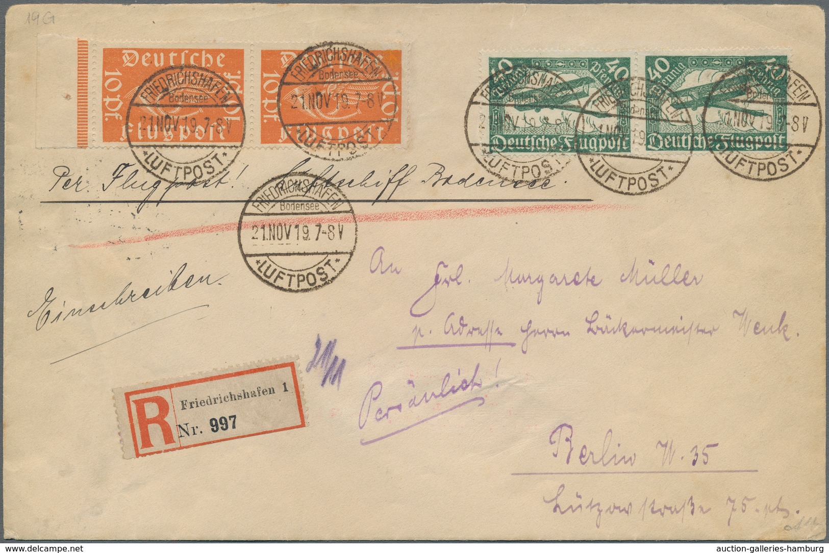 Deutsches Reich - Inflation: 1919, 10 Pf Und 20 Pf Flugpostmarken Je Im Waager. Paar Auf R-Brief Von - Lettres & Documents