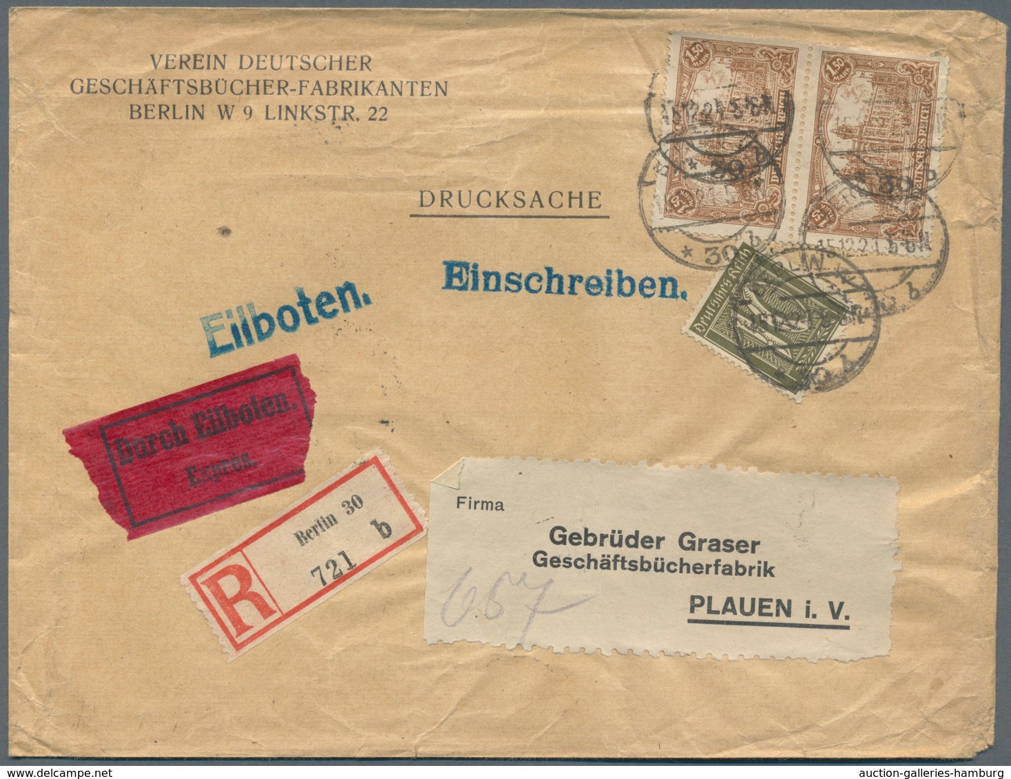 Deutsches Reich - Inflation: 1920, Paar Reichspostamt Berlin 1,50 M Braun Und Ziffern 10 Pf Mit WZ R - Cartas & Documentos