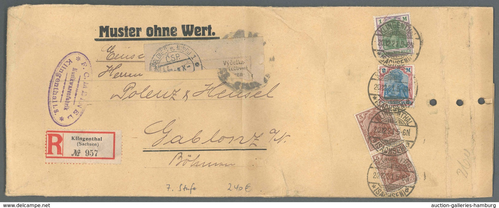 Deutsches Reich - Inflation: 1920, 5 Pf. Paar, 1 M. Und 2 M. Auf Eingeschriebenem „Muster Ohne Wert" - Briefe U. Dokumente