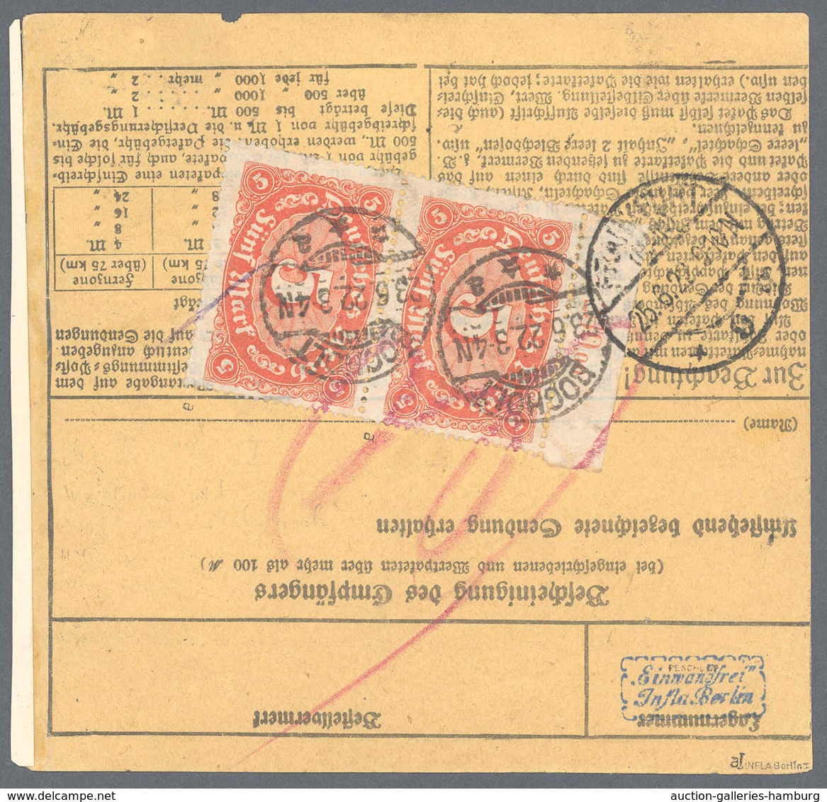 Deutsches Reich - Inflation: 1922, 20 Mk Pflüger Mit Kopfstehendem Unterdruck Auf Paketkarte Mit Rüc - Storia Postale
