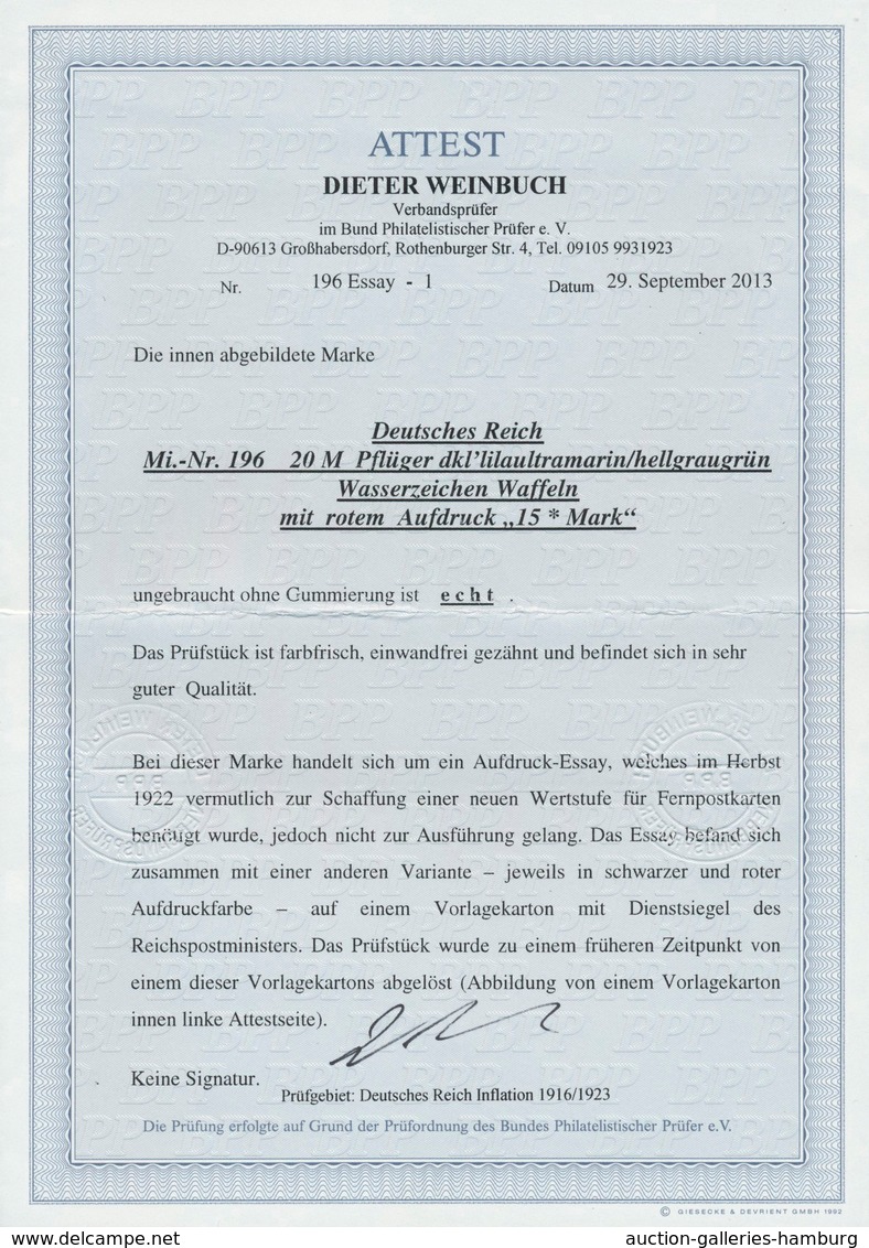 Deutsches Reich - Inflation: 1922: '15 * Mark' - Roter Aufdruck Auf 20 Mk. Pflüger, Aufdruck-Essay E - Cartas & Documentos