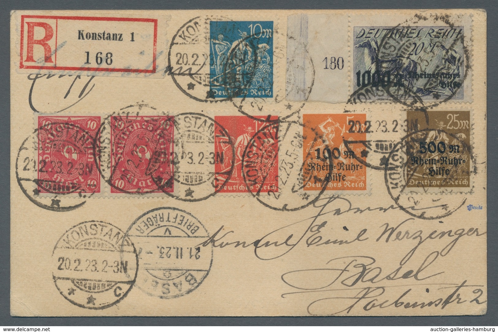 Deutsches Reich - Inflation: 1923, "Rhein-Ruhrhilfe" Mit Zusatzfrankatur Auf Portorichtiger R-Karte - Cartas & Documentos