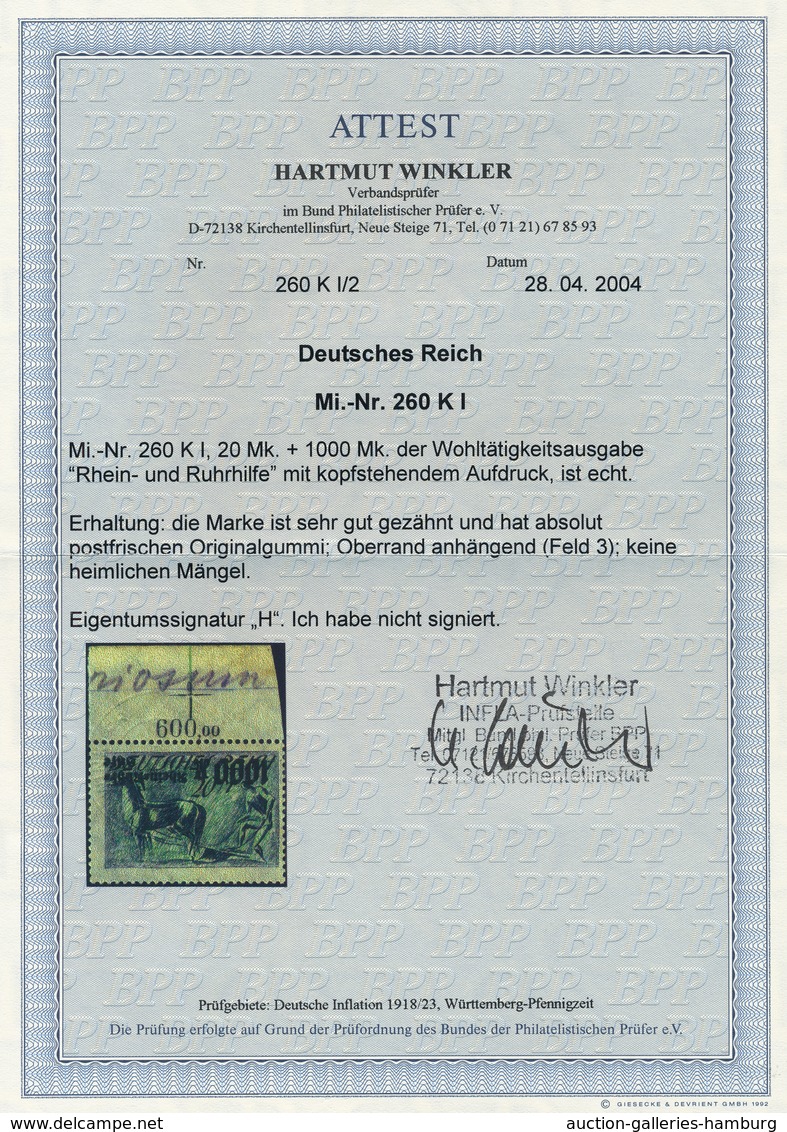 Deutsches Reich - Inflation: 1923, 1000 M Rhein=Ruhr=Hilfe Mit Kopfstehendem Aufdruck, Postfrisch Mi - Briefe U. Dokumente