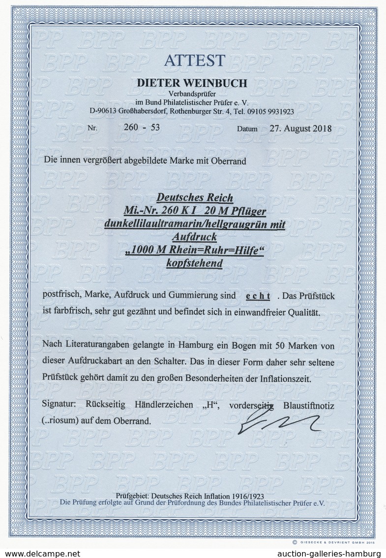 Deutsches Reich - Inflation: 1923, 1000 M Rhein=Ruhr=Hilfe Mit Kopfstehendem Aufdruck, Postfrisch Mi - Briefe U. Dokumente