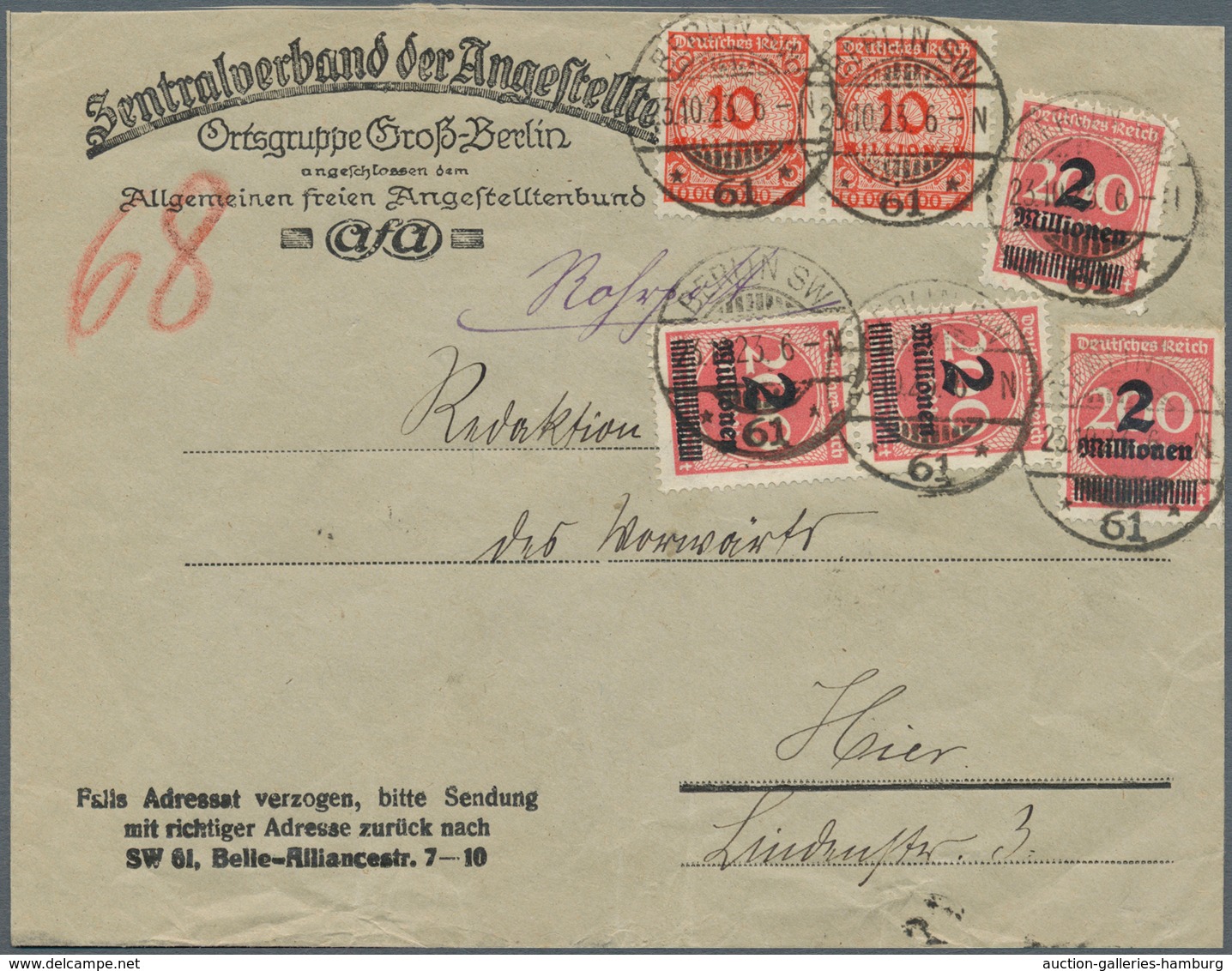 Deutsches Reich - Inflation: 1923, Rohrpost Hochinflation: Firmen-Ortsbrief Ab SW61 Vom 23.10.23 6:- - Briefe U. Dokumente