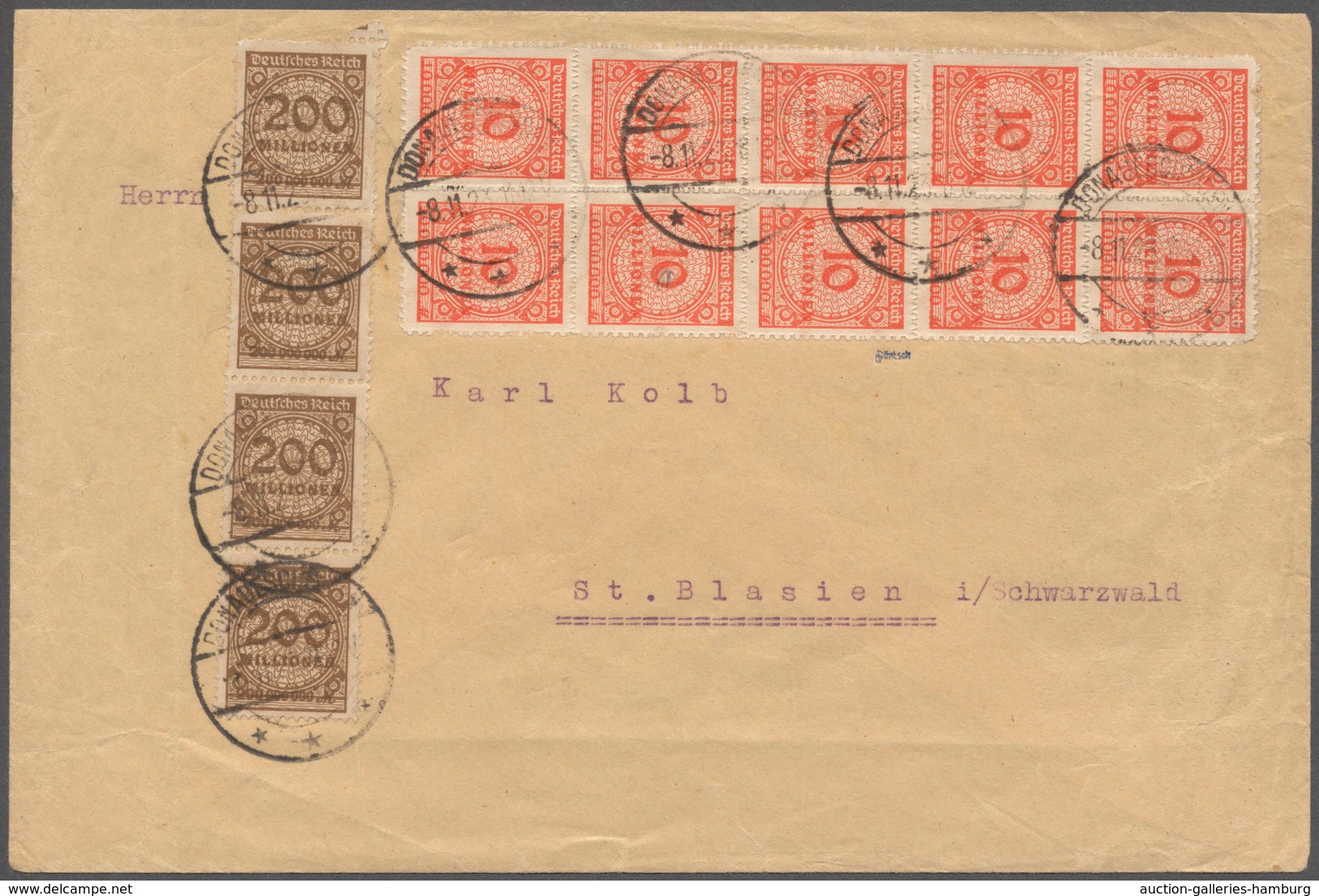 Deutsches Reich - Inflation: 1923, Brief Mit Vs. 10er-Block 10 Mio. Mark (Durchstich) Und 4er-Streif - Brieven En Documenten