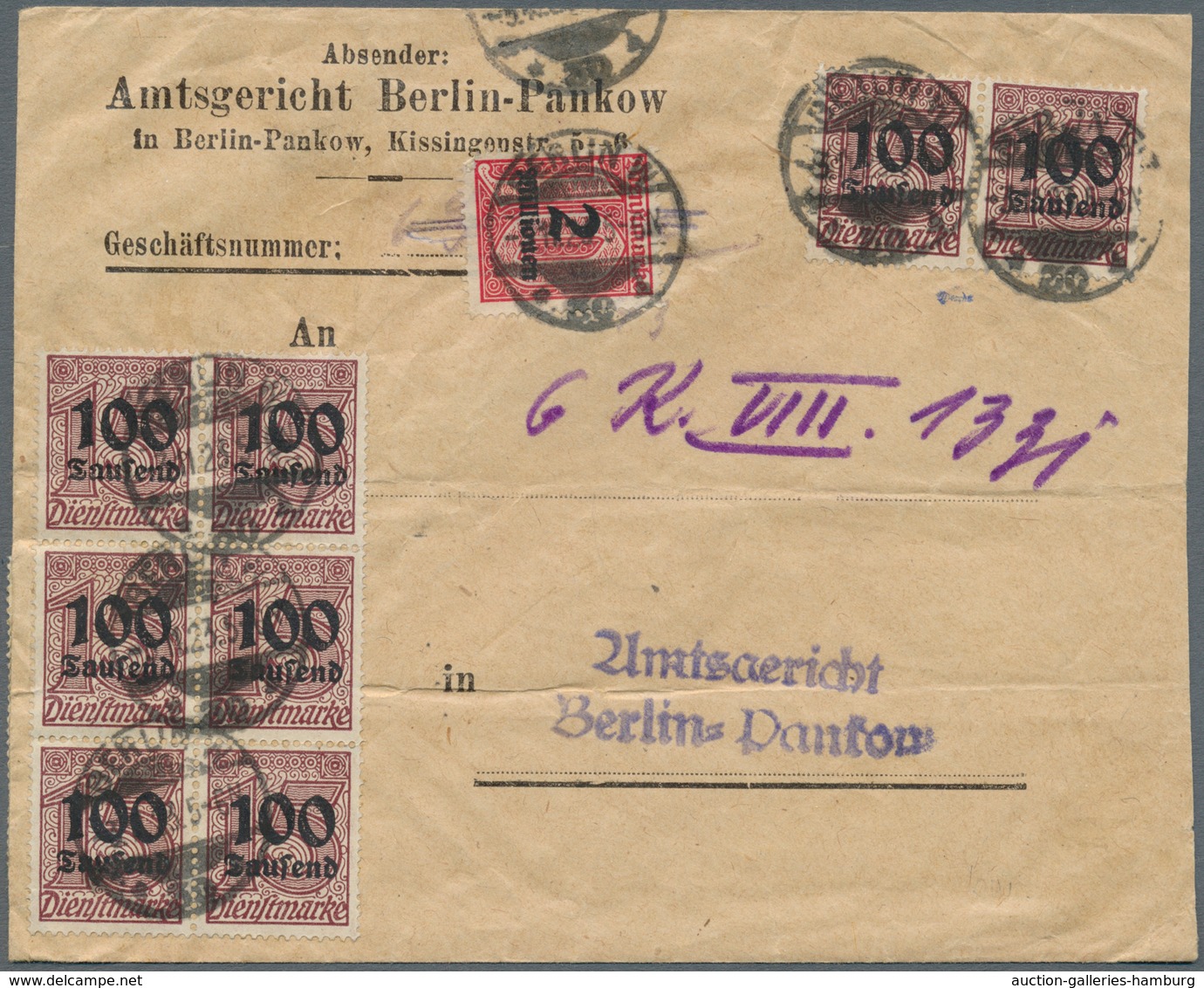 Deutsches Reich - Inflation: 1923, 20 Mio. M. Korbdeckel Durchstochen, 10 Mi. M. Gezähnt Und Senkrec - Briefe U. Dokumente
