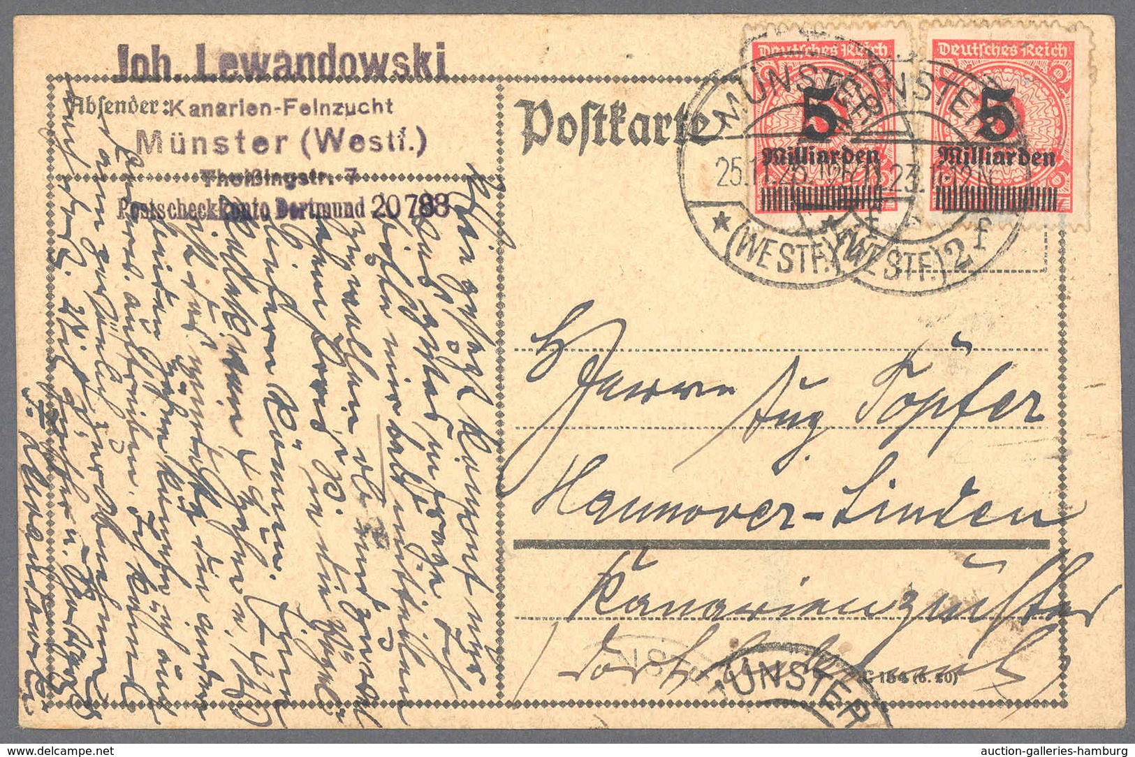 Deutsches Reich - Inflation: 1923, Postkarte Mit 2x 5 Mia. Mk Auf 10 Mio. Korbdeckel Durchstochen (L - Covers & Documents