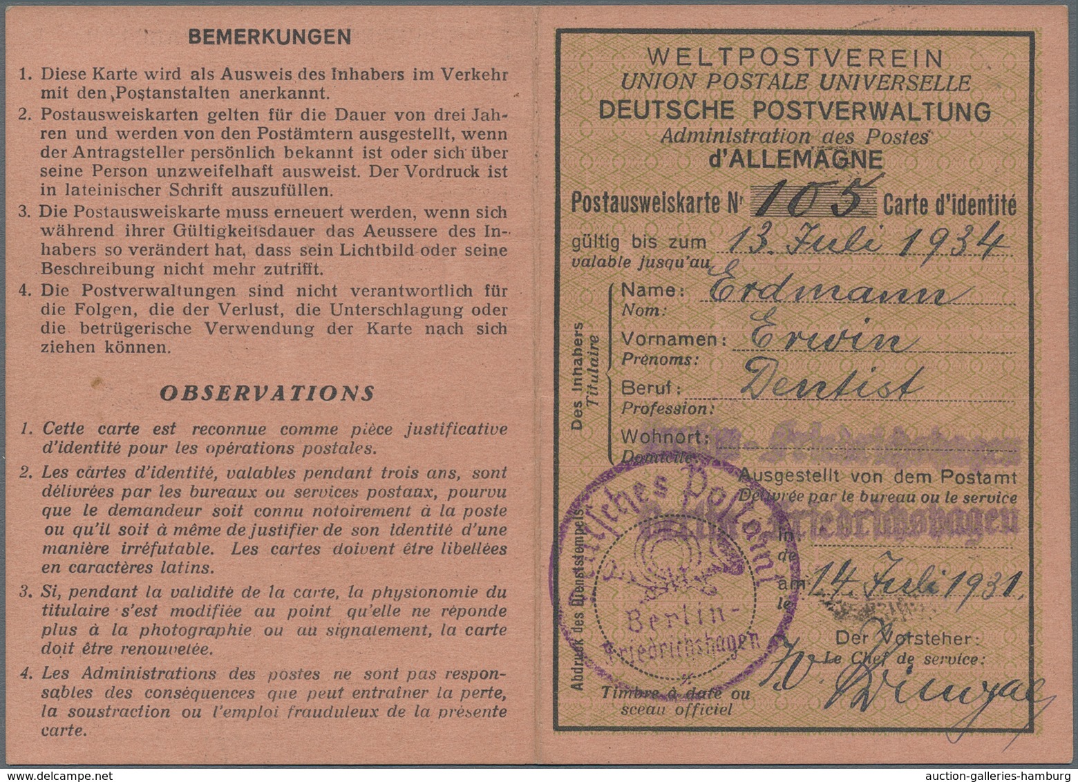 Deutsches Reich - Weimar: 1931, 50 Pf Hindenburg Entwertet Mit DBS "BERLIN-FRIEDRICHSHAGEN" Als Gebü - Ungebraucht