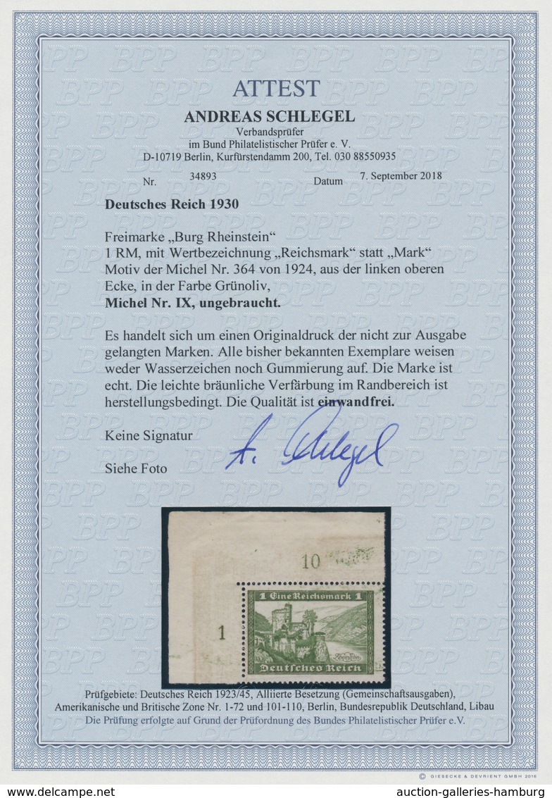 Deutsches Reich - Weimar: 1930, 1 RM Grünoliv "Burg Rheinstein" Mit Wertbezeichnung "Reichsmark" Sta - Ungebraucht