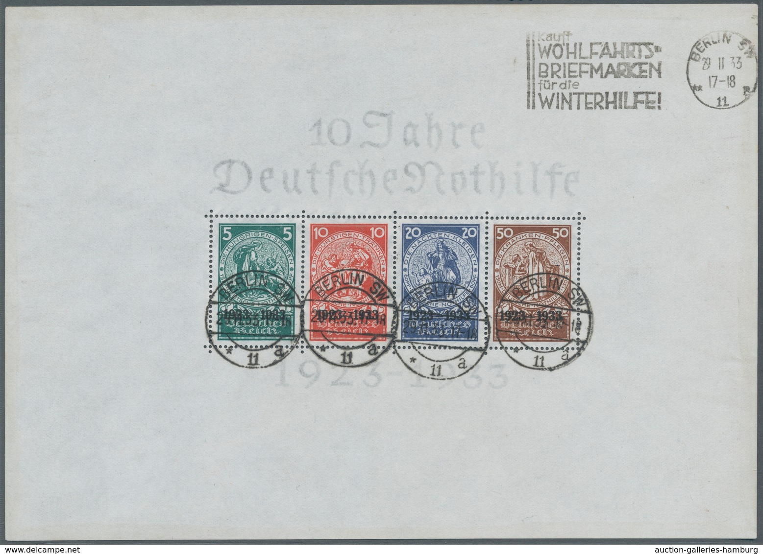 Deutsches Reich - 3. Reich: 1933, "10 Jahre Nothilfe"-Block Mit Viermal Ersttagsstempel BERLIN SW * - Autres & Non Classés