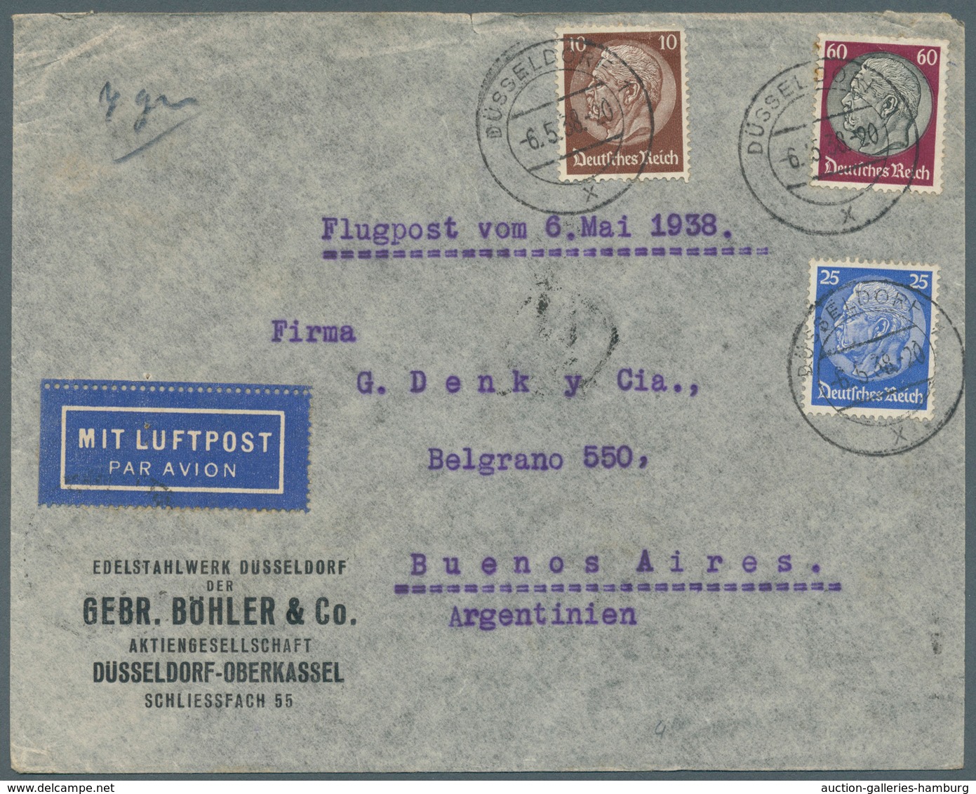 Deutsches Reich - 3. Reich: 1938, Firmen-Luftpostbrief Der Böhler Edelstahlwerke Ab „Düsseldorf 6.5. - Sonstige & Ohne Zuordnung