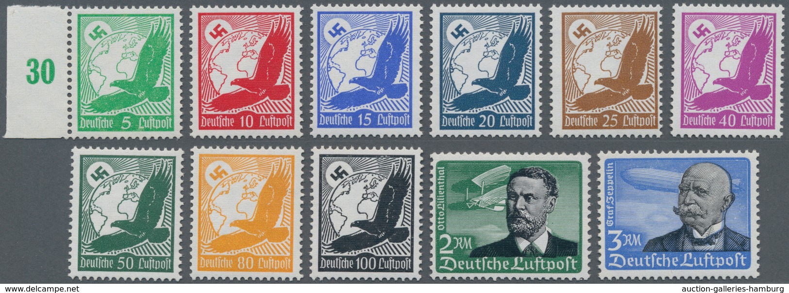 Deutsches Reich - 3. Reich: 1934, Flugpost Kompletter Satz, Waagerechte Riffelung, Postfrisch, Unsig - Autres & Non Classés