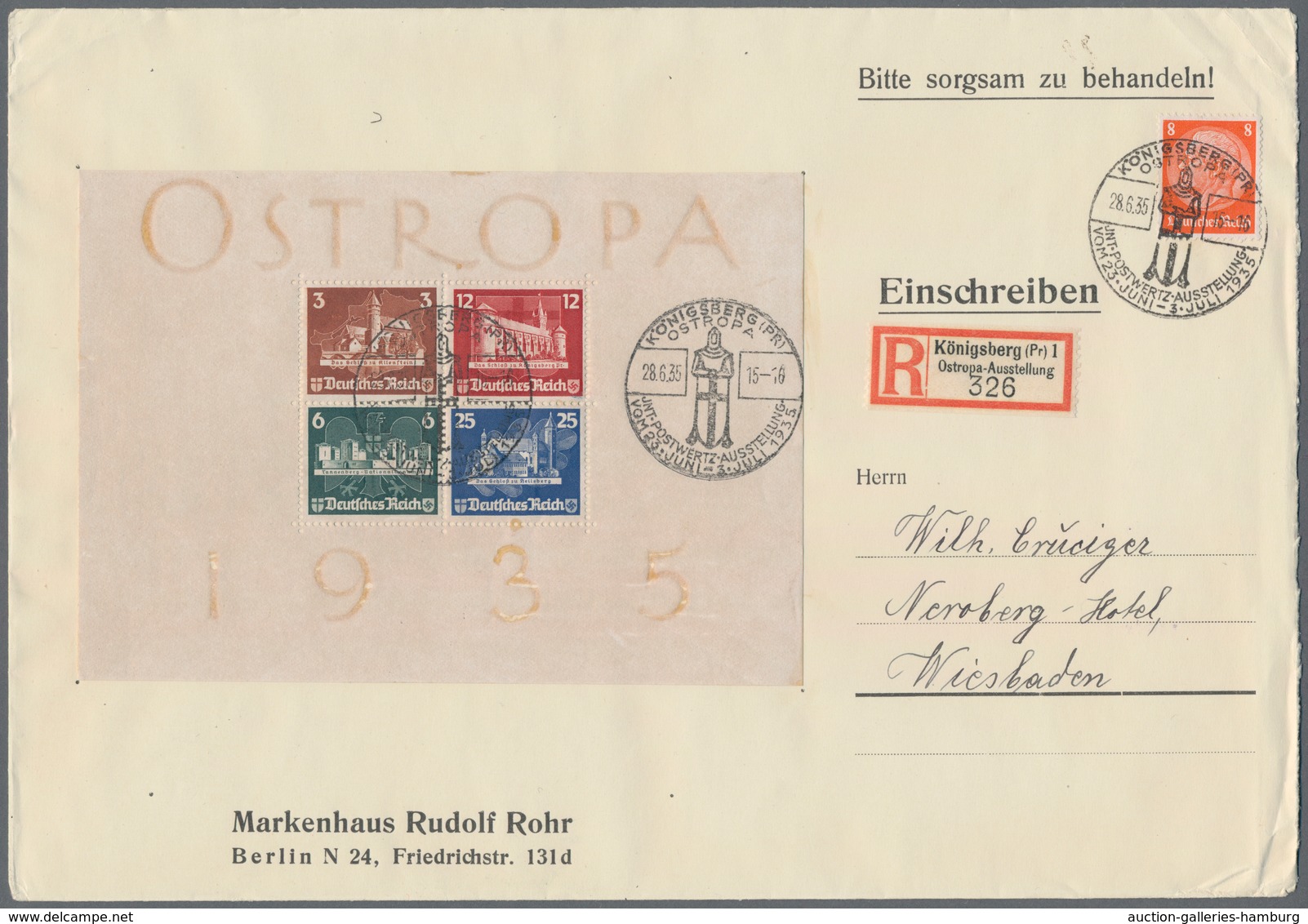 Deutsches Reich - 3. Reich: 1935, Ostropa-Block Mit Beifrankatur 8 Pfg. Hindenburg, Portogerechte Fr - Autres & Non Classés