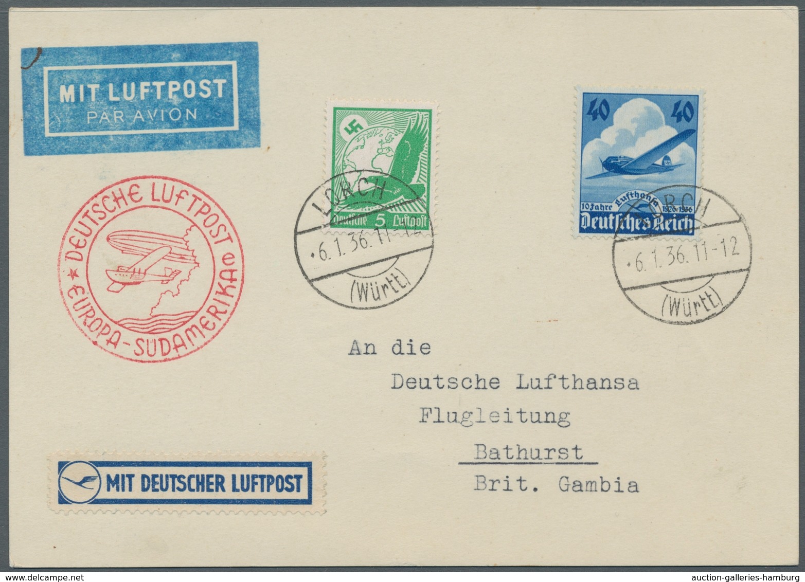 Deutsches Reich - 3. Reich: 1936, Lufthansa Mit Zusatzfrankatur, Auf Portoger. Sieger-Luftpost Karte - Autres & Non Classés