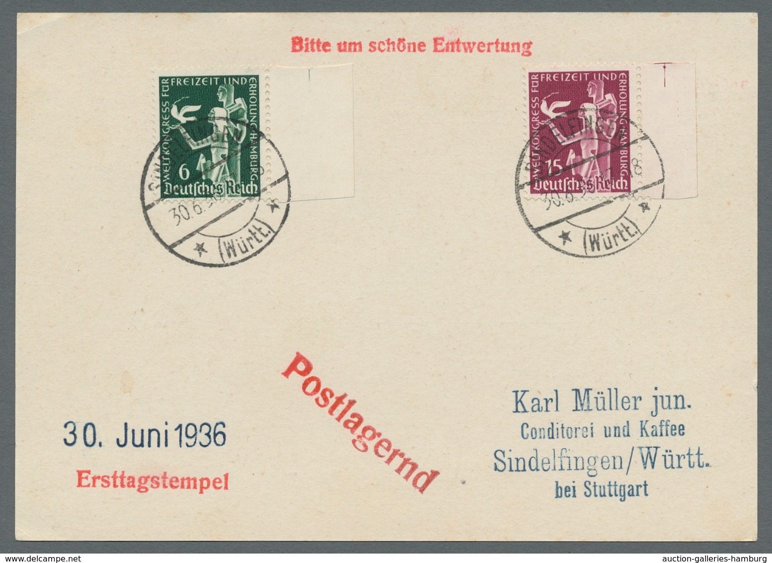 Deutsches Reich - 3. Reich: 1936, "Freizeitkongress", Zwei Randwerte Je Mit Ersttagsstempel SINDELFI - Other & Unclassified