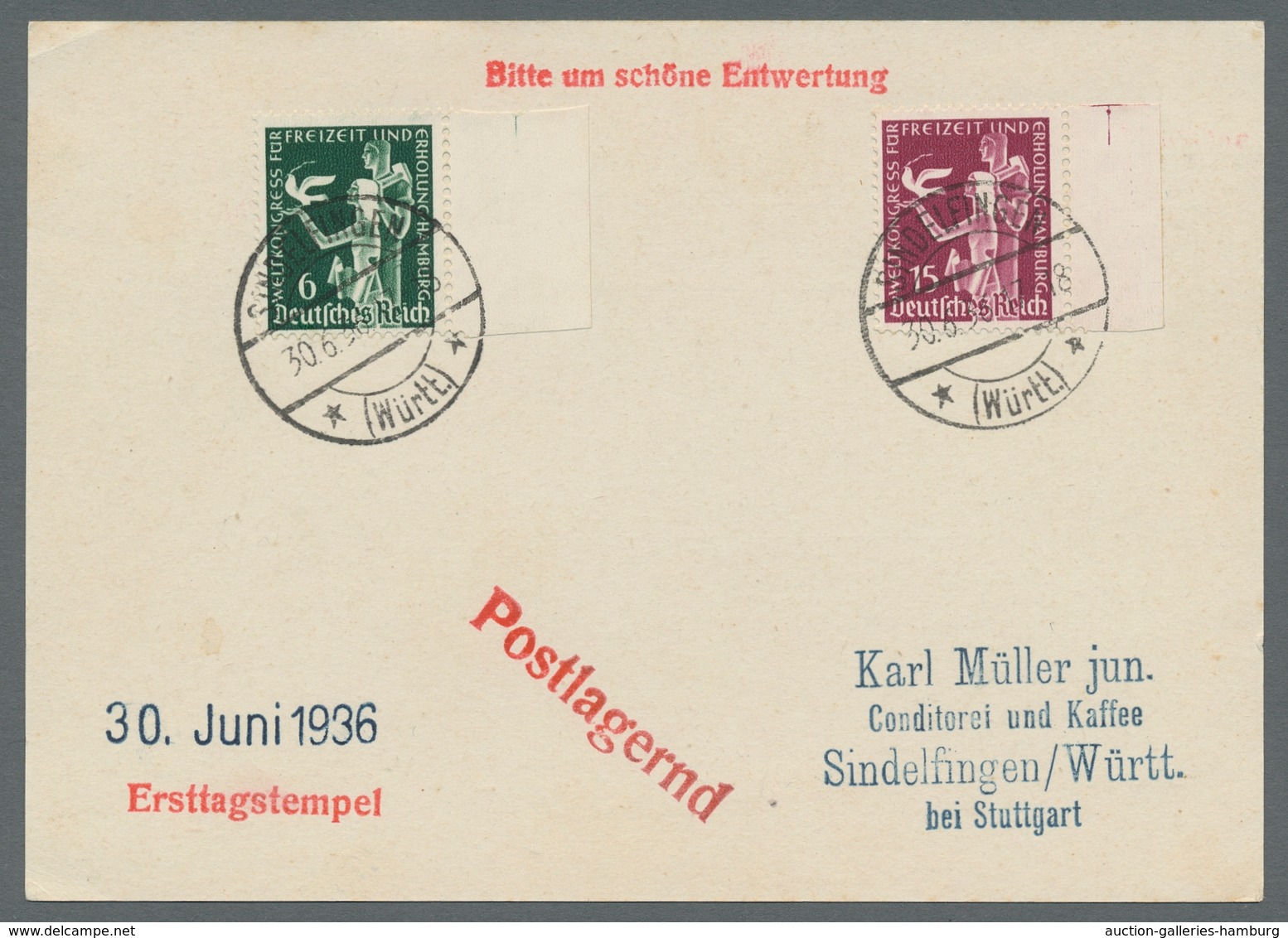 Deutsches Reich - 3. Reich: 1936, "Freizeitkongress", Zwei Randwerte Je Mit Ersttagsstempel SINDELFI - Sonstige & Ohne Zuordnung