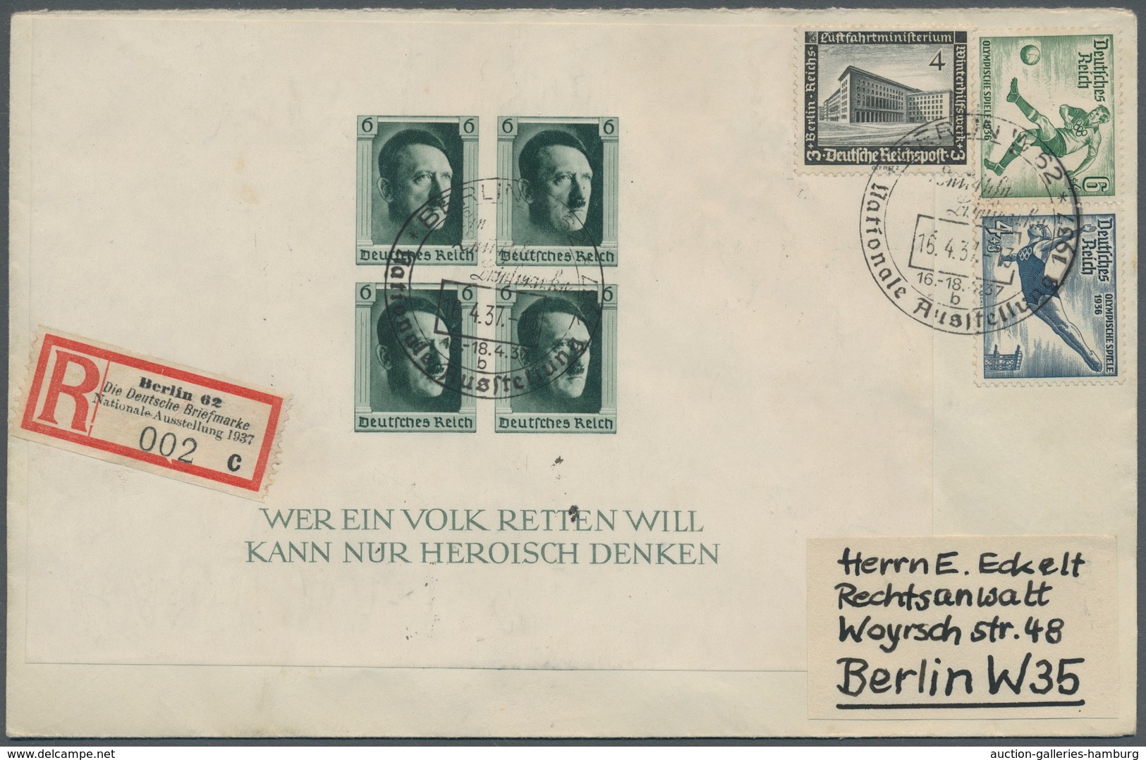 Deutsches Reich - 3. Reich: 1937, Block Zur Briefmarken-Ausstellung Auf Passenden FDC-R-Brief Mit ES - Altri & Non Classificati