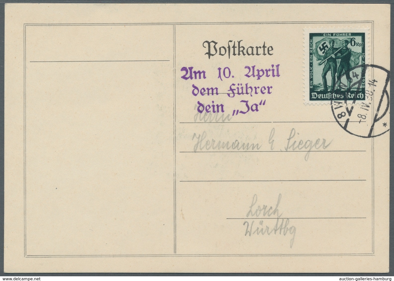 Deutsches Reich - 3. Reich: 1938, Volksabstimmung Auf Sieger-Karte Mit Ersttagsstpl. Wien 8. IV. 38 - Other & Unclassified