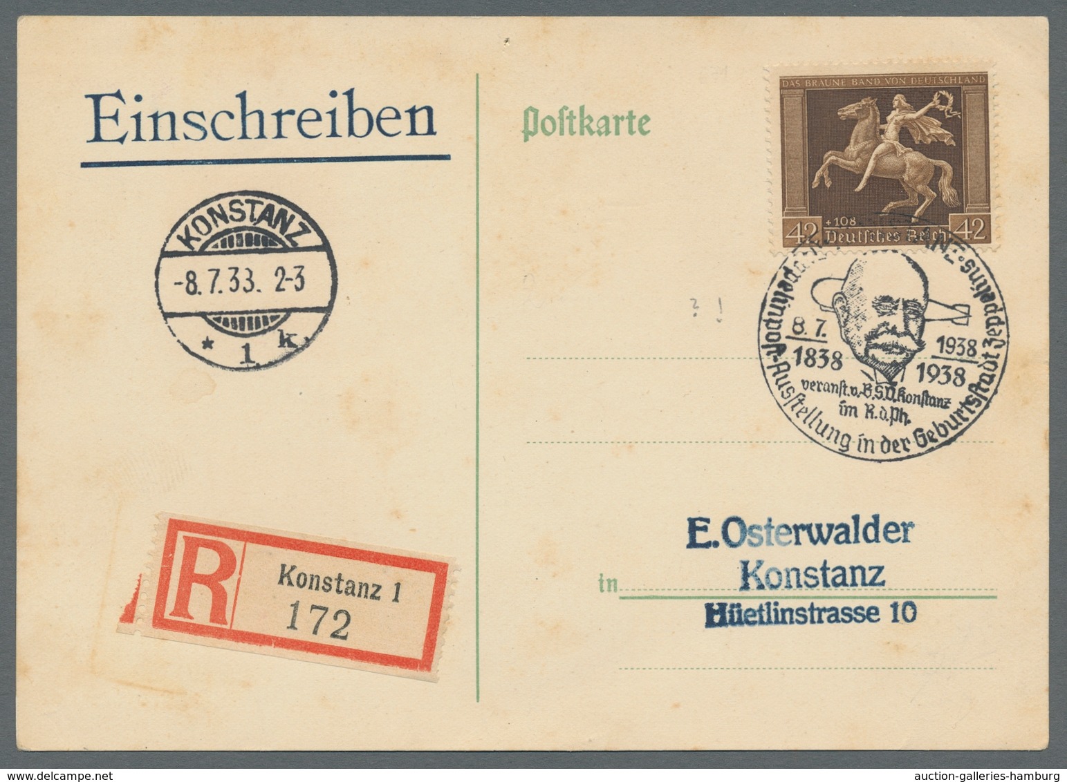 Deutsches Reich - 3. Reich: 1938, "Braunes Band" Als EF Auf Orts-R-Karte Mit Vor-Ersttagsstempel KON - Other & Unclassified