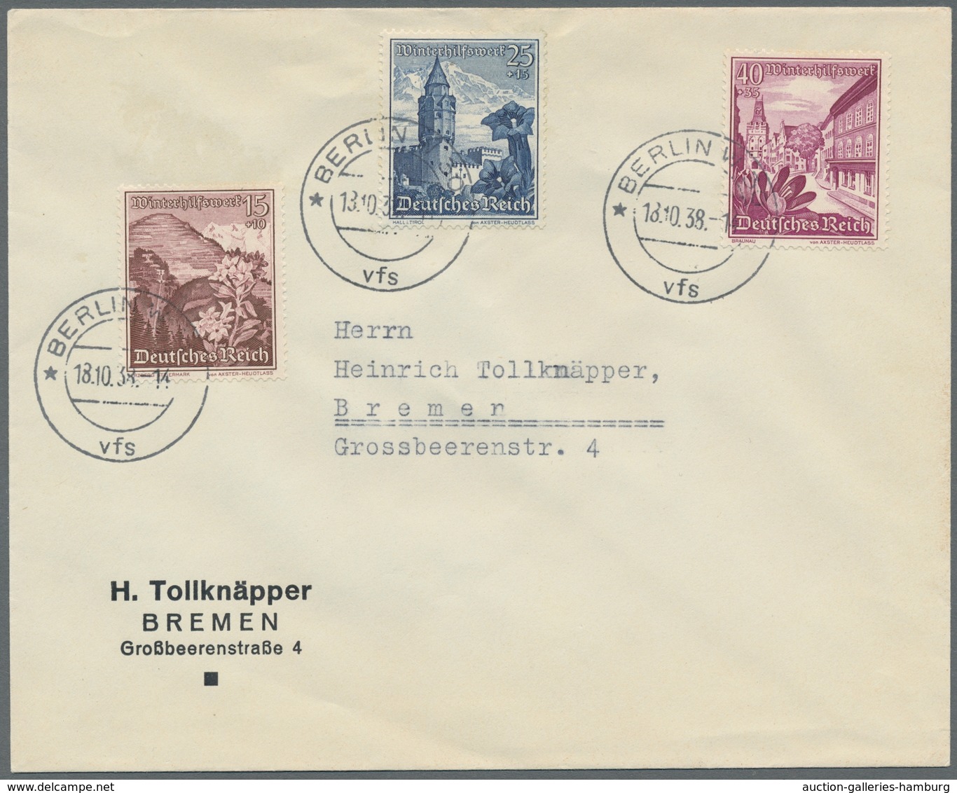 Deutsches Reich - 3. Reich: 1938, Winterhilfswerk, Kplt. Satz Auf 3 Adressierten FDC's Mit Ersttagss - Sonstige & Ohne Zuordnung