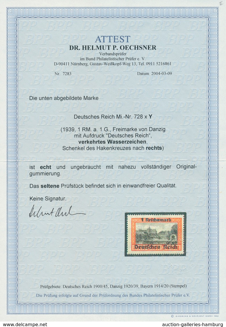 Deutsches Reich - 3. Reich: 1939, Danzig-Wiedereingliederung 1 RM Auf 1 G Mit Verkehrtem Wasserzeich - Autres & Non Classés