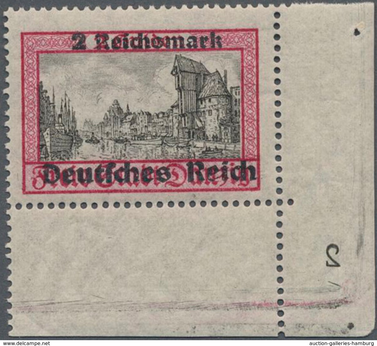 Deutsches Reich - 3. Reich: 1939, 2 RM Danzig Abschied, Eckrandstück Unten Rechts Mit Plattennummer - Autres & Non Classés