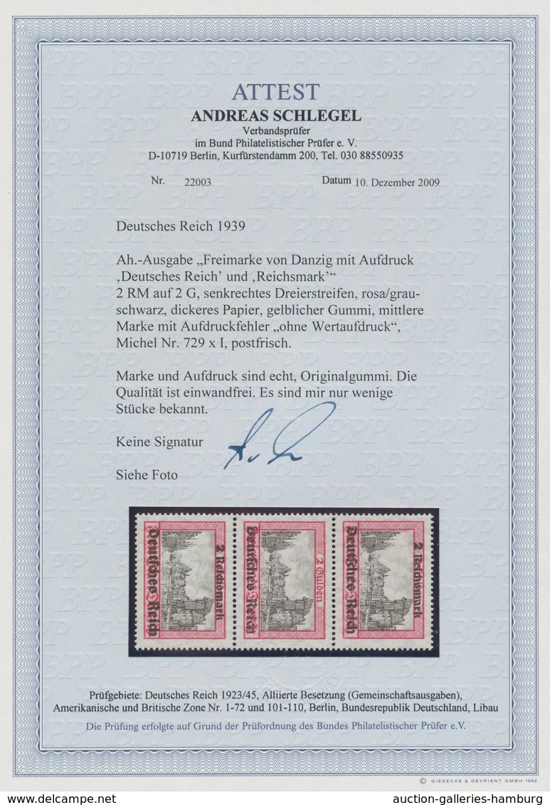 Deutsches Reich - 3. Reich: 1939. Danzig-Überdruck 2 RM Im Postfrischen Senkrechten 3er-Streifen. Da - Sonstige & Ohne Zuordnung