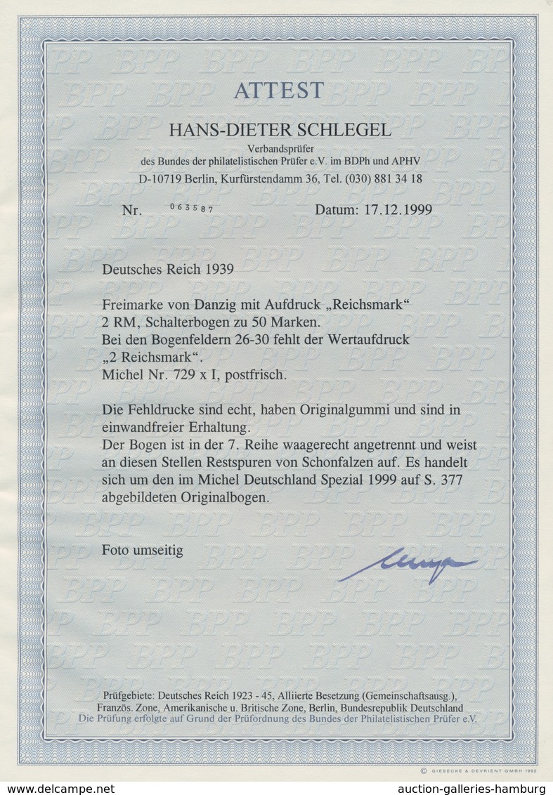 Deutsches Reich - 3. Reich: 1939. Danzig-Überdruck 2 RM Im Postfrischen Senkrechten 3er-Streifen. Da - Sonstige & Ohne Zuordnung