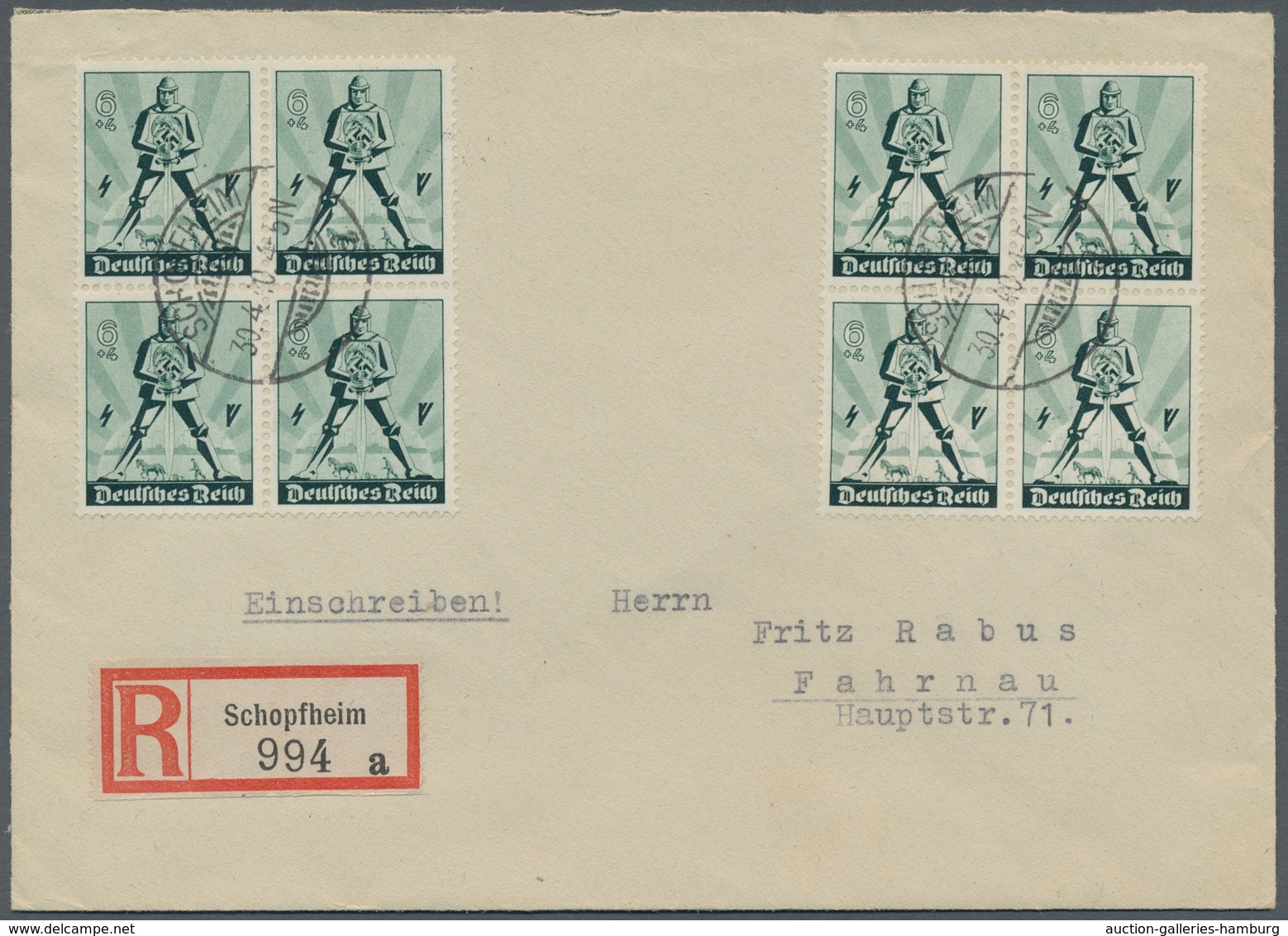 Deutsches Reich - 3. Reich: 1940, Tag Der Arbeit, 2 Viererblocks Mit Ersttagsstpl. Vom 30.4.40 Auf R - Autres & Non Classés