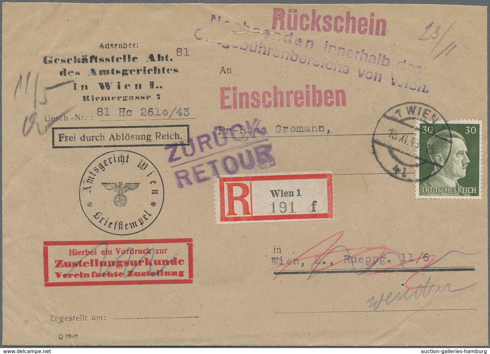 Deutsches Reich - 3. Reich: 1943, 30 Pf Hitler Als EF Auf R-Gerichtsbrief Mit Rückschein In WIEN Inc - Otros & Sin Clasificación