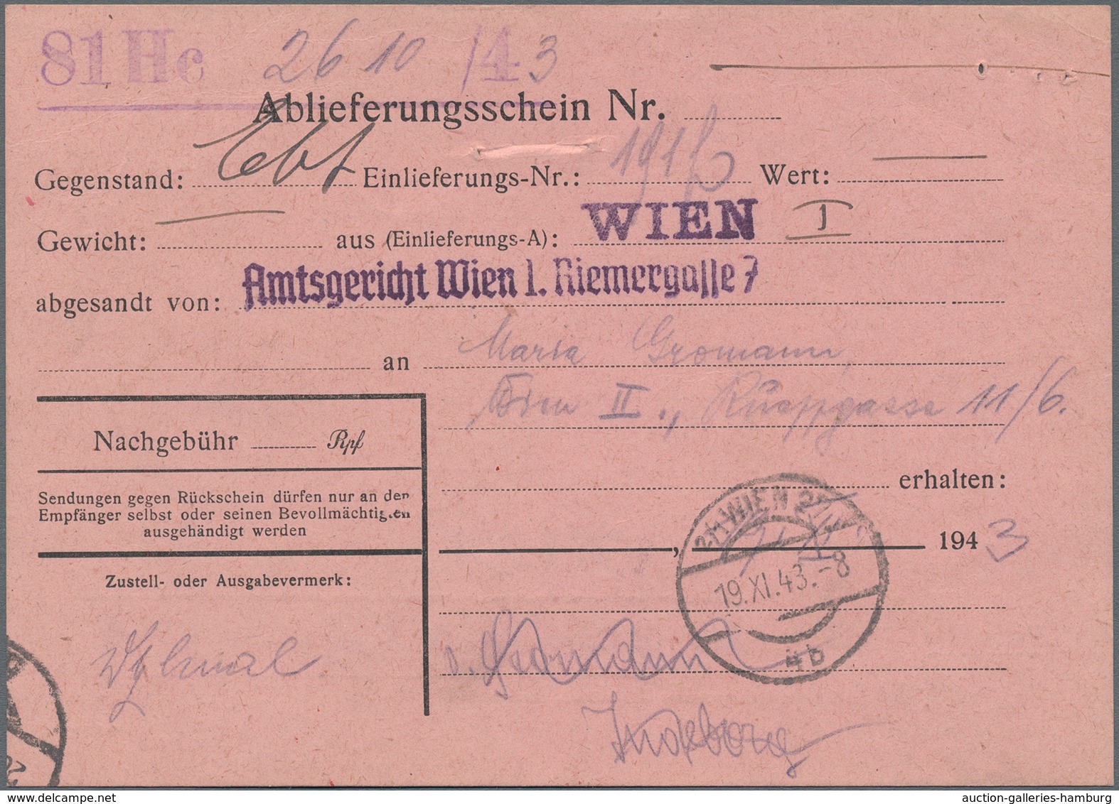 Deutsches Reich - 3. Reich: 1943, 30 Pf Hitler als EF auf R-Gerichtsbrief mit Rückschein in WIEN inc