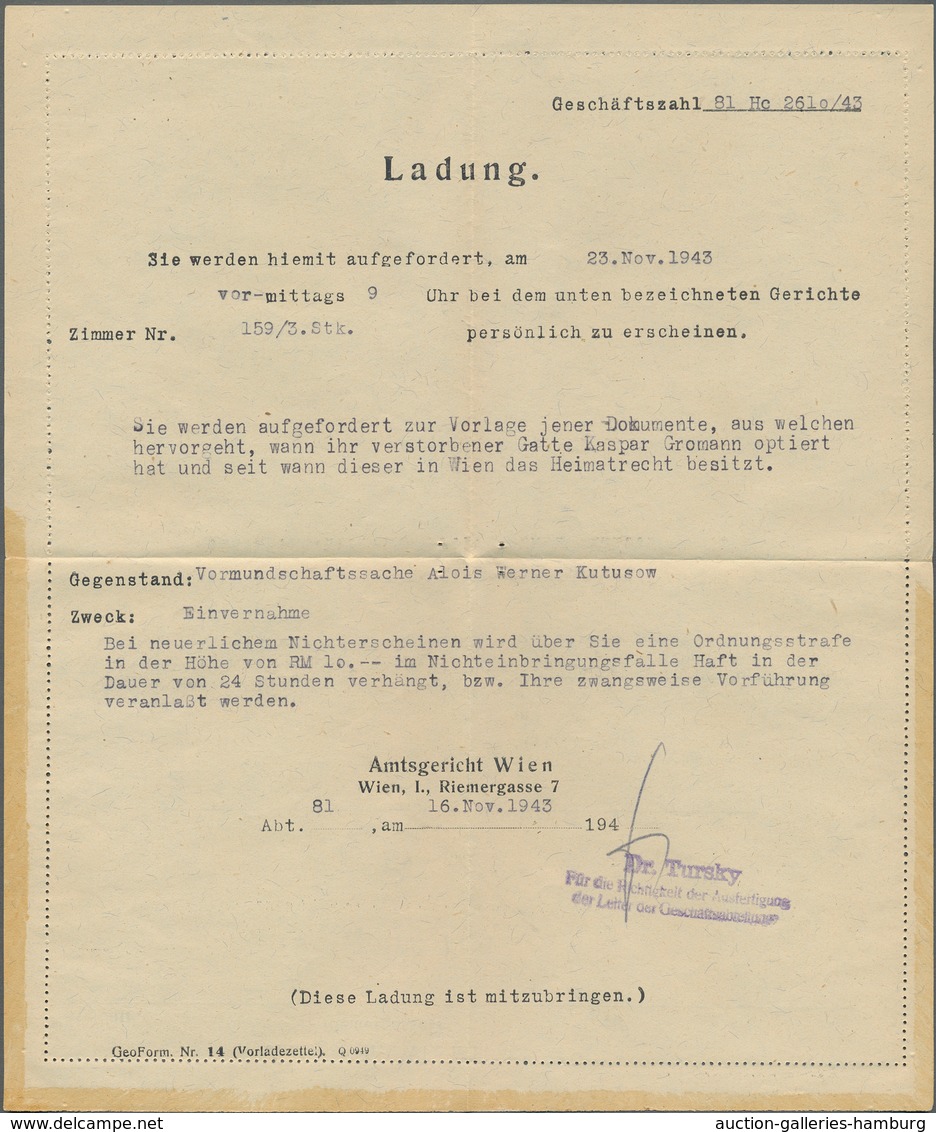 Deutsches Reich - 3. Reich: 1943, 30 Pf Hitler als EF auf R-Gerichtsbrief mit Rückschein in WIEN inc