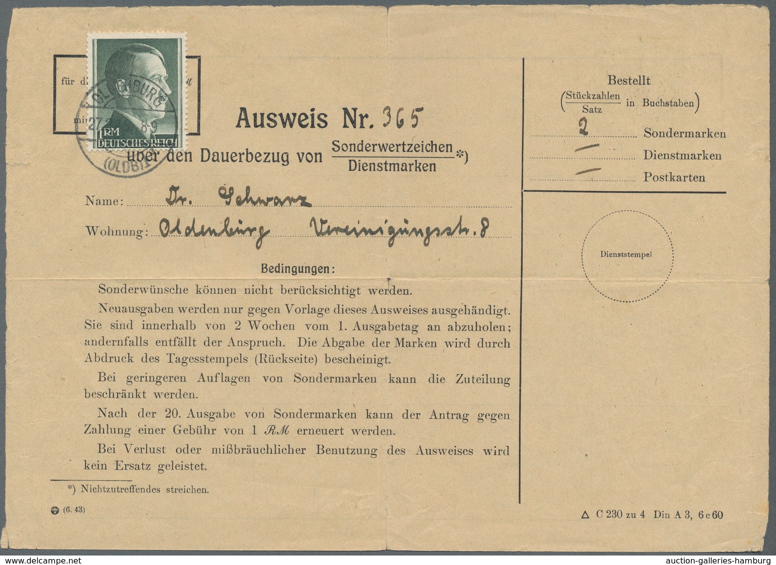 Deutsches Reich - 3. Reich: 1945, Hitler 1 RM Enge Zähnung Auf "Ausweis über Den Dauerbezug Von Sond - Autres & Non Classés