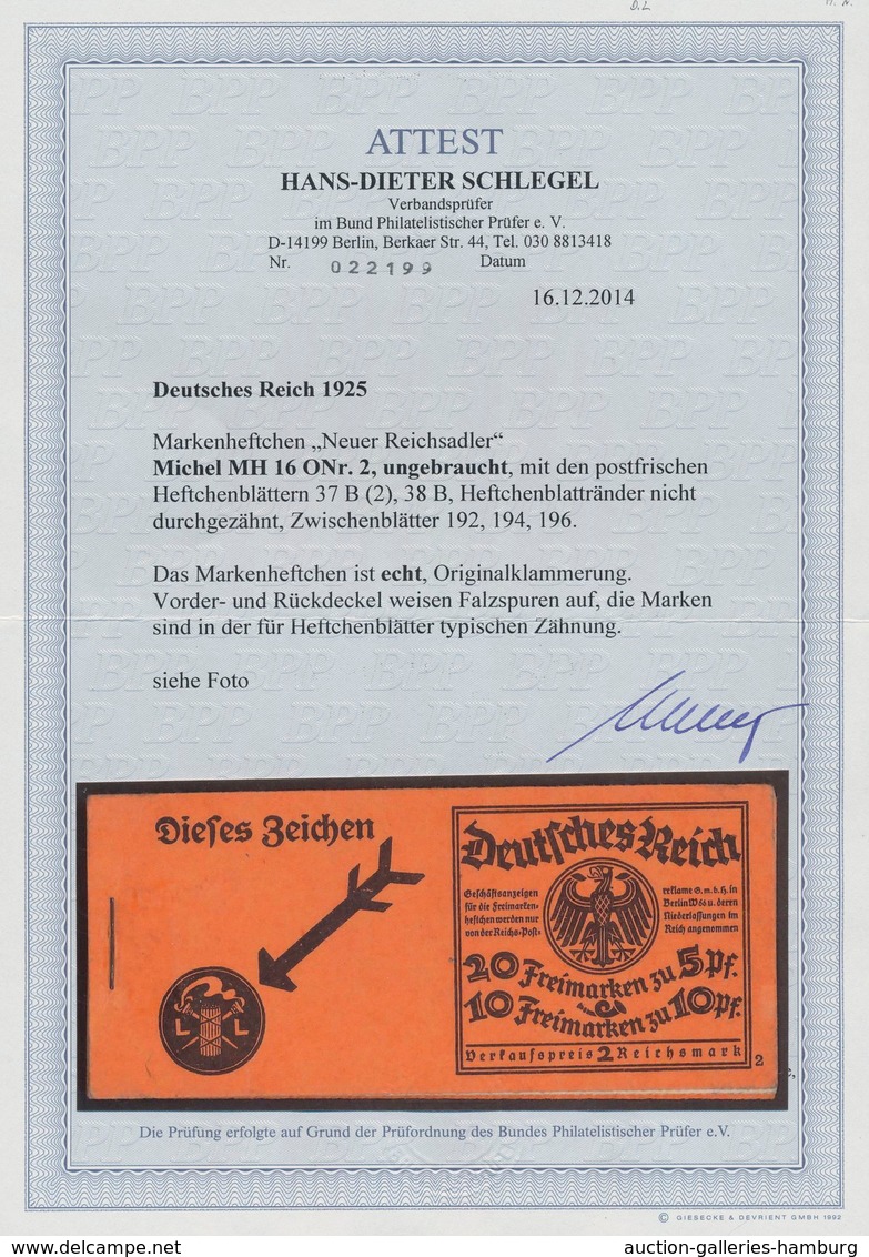 Deutsches Reich - Markenheftchen: 1925, NEUER REICHSADLER, ONr. 2, Komplettes Postfrisches Original- - Cuadernillos