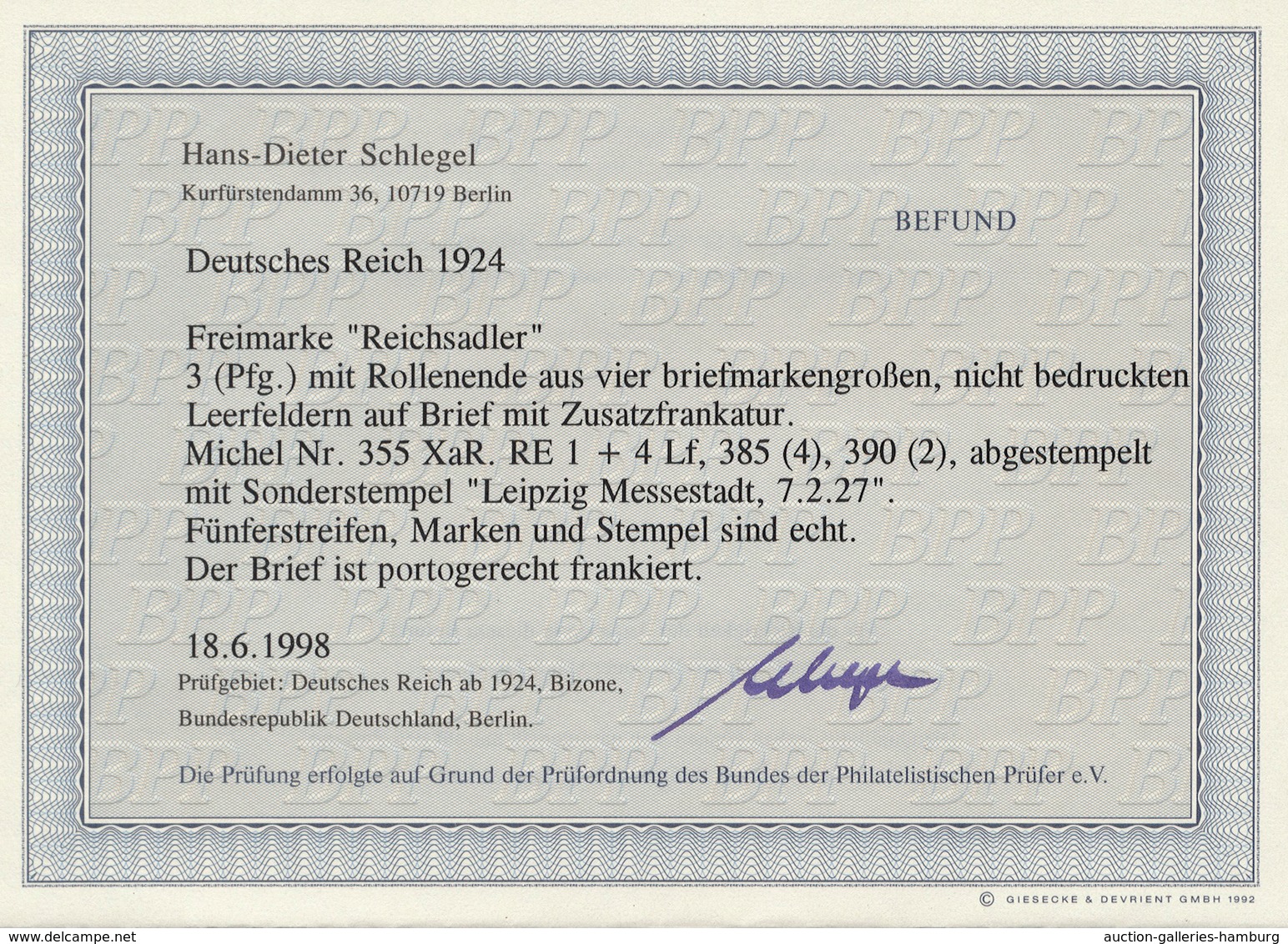 Deutsches Reich - Rollenmarken: 1924, 3 Pfg. Reichsadler, Rollenendmarke, Mit Den Vier Briefmarkengr - Se-Tenant