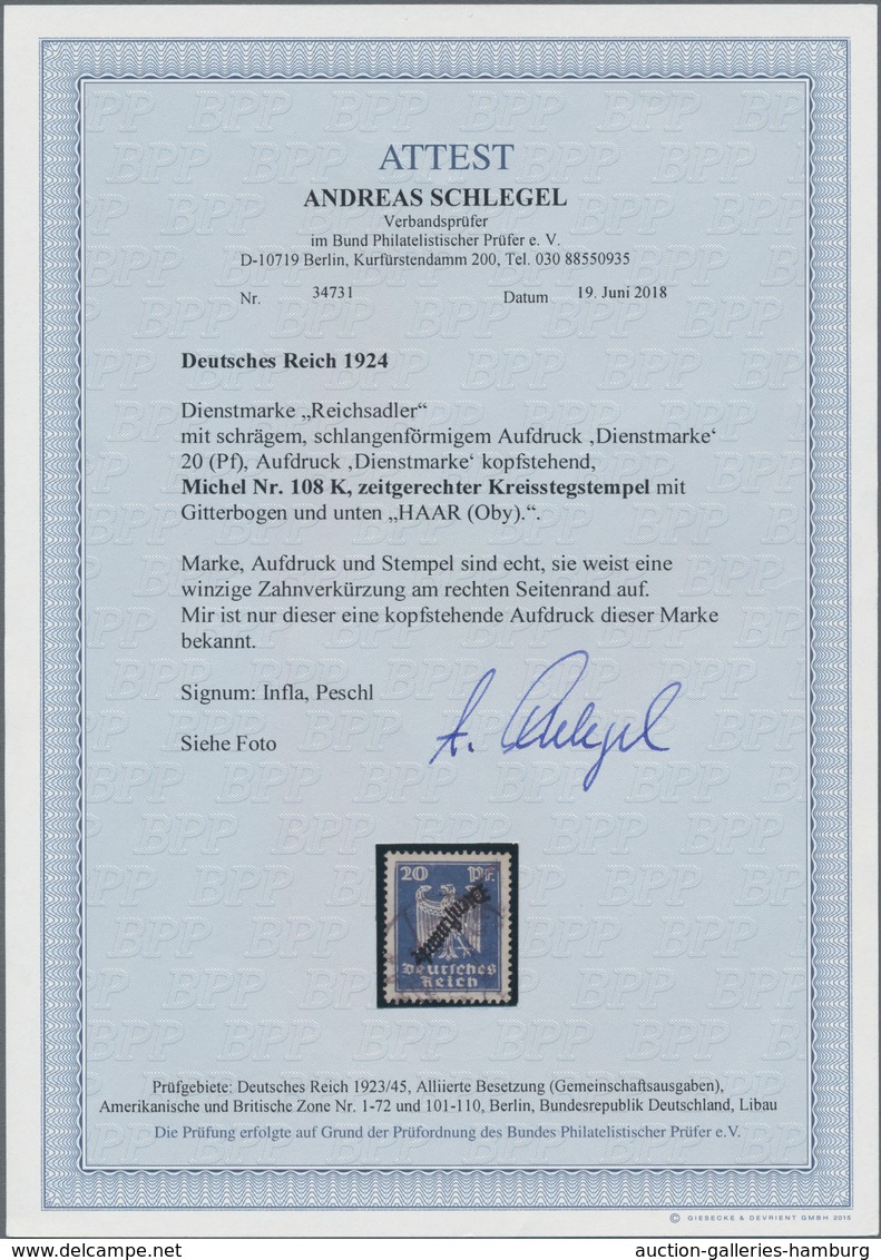 Deutsches Reich - Dienstmarken: 1924, Schlangenaufdruck 20 Pfg. Blau Mit KOPFSTEHENDEM AUFDRUCK, Ech - Officials