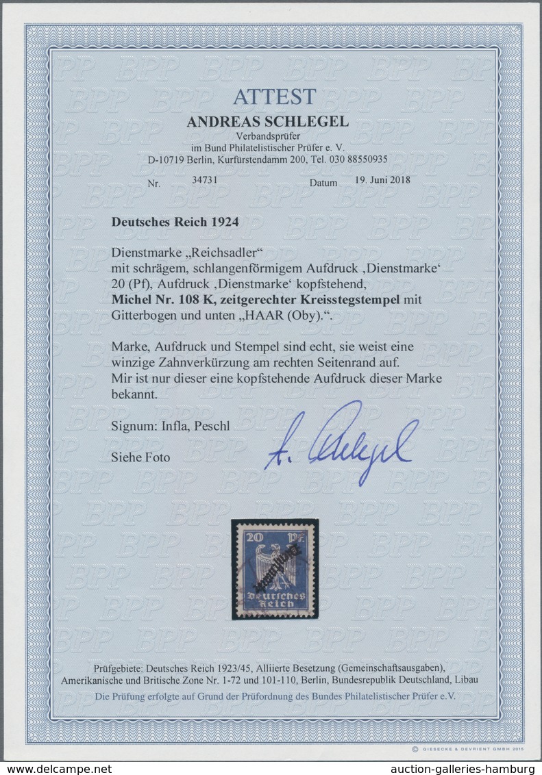 Deutsches Reich - Dienstmarken: 1924, Schlangenaufdruck 20 Pfg. Blau Mit KOPFSTEHENDEM AUFDRUCK, Ech - Service