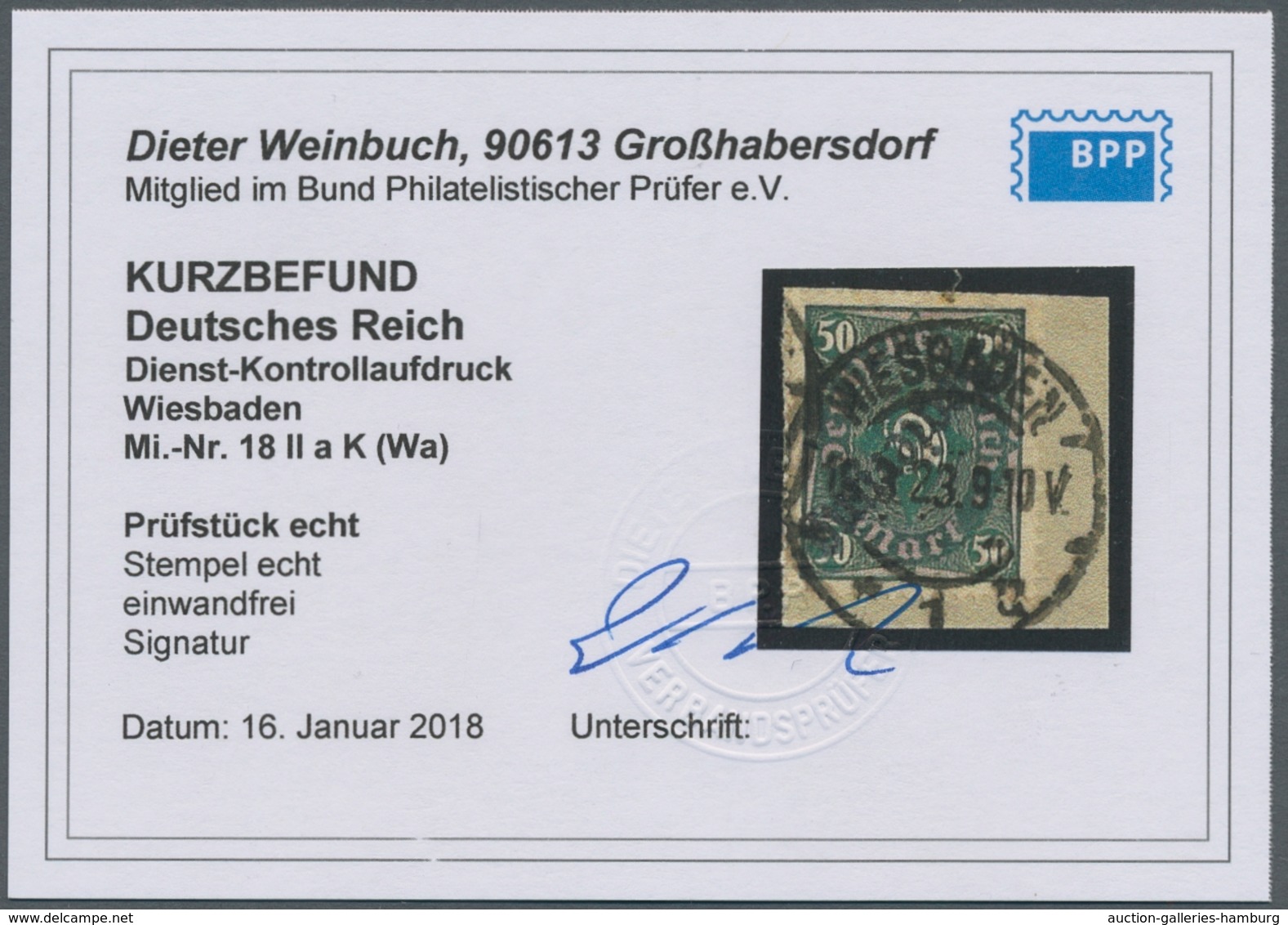 Deutsches Reich - Dienst-Kontrollaufdrucke: WIESBADEN: 1923, Posthörnchen 50 Mark Mit Kopfstehendem - Oficial