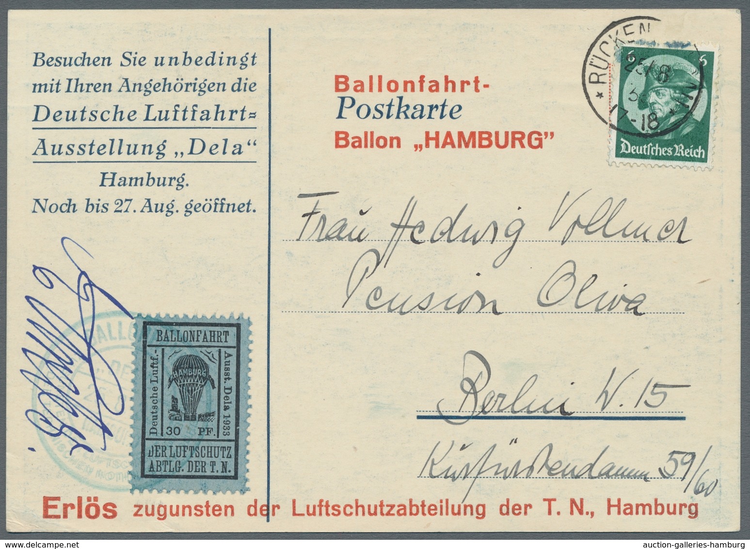 Deutsches Reich - Halbamtliche Flugmarken: 1933, "30 Pfg. Schwarz Auf Hellultramarin Mit PLF I", Sau - Airmail & Zeppelin