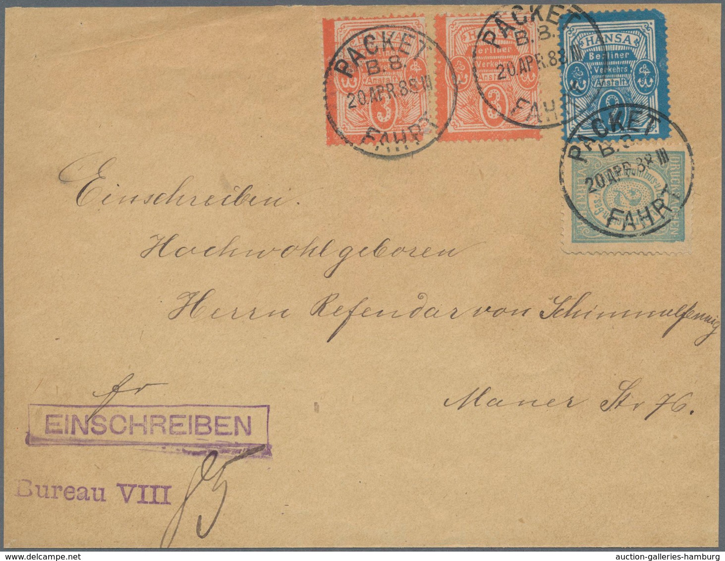 Deutsches Reich - Privatpost (Stadtpost): BERLIN - Hansa, Seltene Mischfrankatur Einer Paketfahrt Mi - Correos Privados & Locales