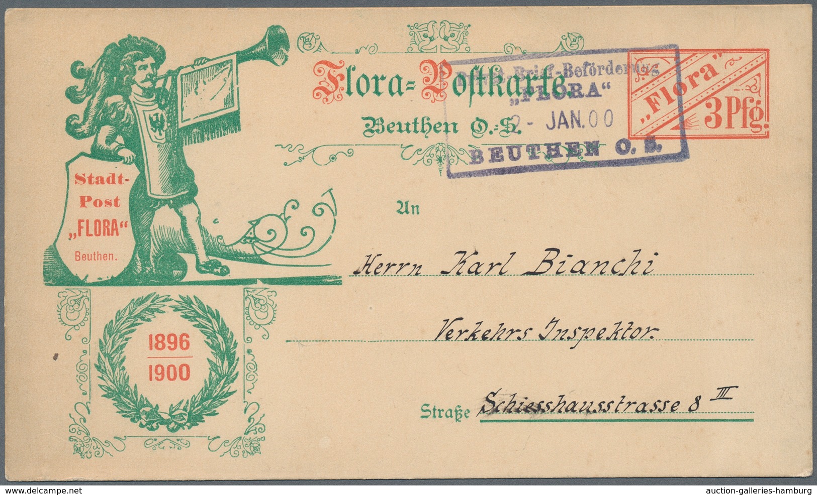 Deutsches Reich - Privatpost (Stadtpost): 1900, BEUTHEN O.S., "Flora-Postkarte" Mit Wertstempel 3 Pf - Privatpost