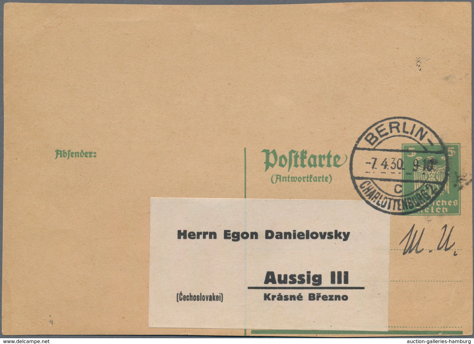Deutsches Reich - Ganzsachen: 1925, 5 Pf Adler, Stark Verschnittenes Klischee Der Antwortdoppelkarte - Autres & Non Classés