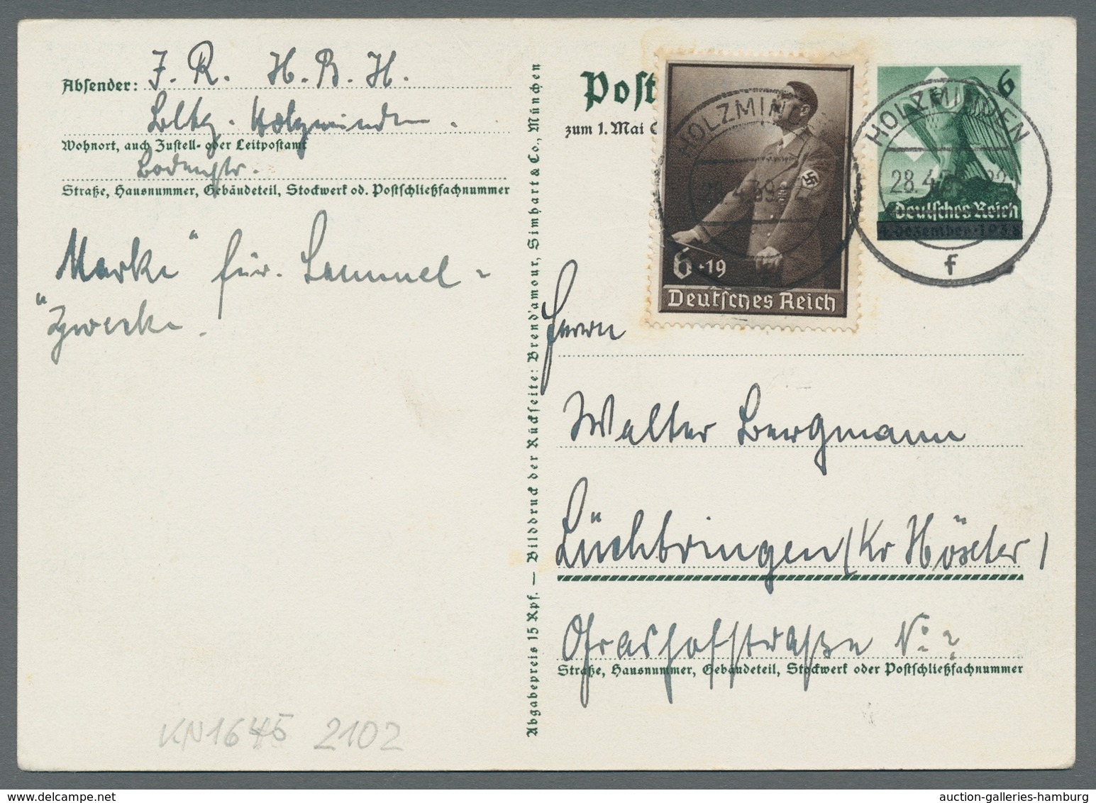 Deutsches Reich - Ganzsachen: 1939, "6 Pfg. 1. Mai", Gelaufene Karte Mit Zusatzfrankatur Mi. 694 Je - Otros & Sin Clasificación