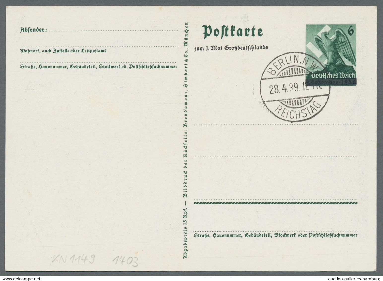 Deutsches Reich - Ganzsachen: 1939, "6 Pfg. 1. Mai", Blankosgestempelte Sonder-GA Mit Ersttagsstempe - Otros & Sin Clasificación