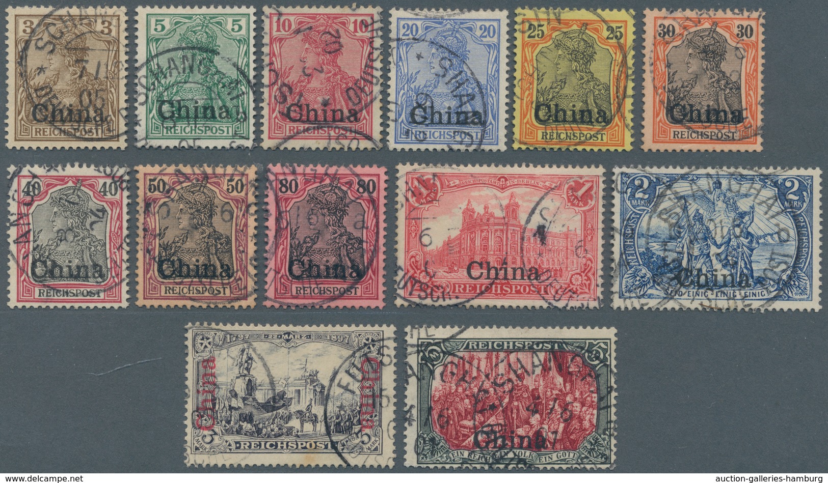 Deutsche Post In China: 1901, 3 Pf Bis 5 Mark Aufdruckwerte Komplett Gestempelt, Teils Signiert, Mi - China (oficinas)