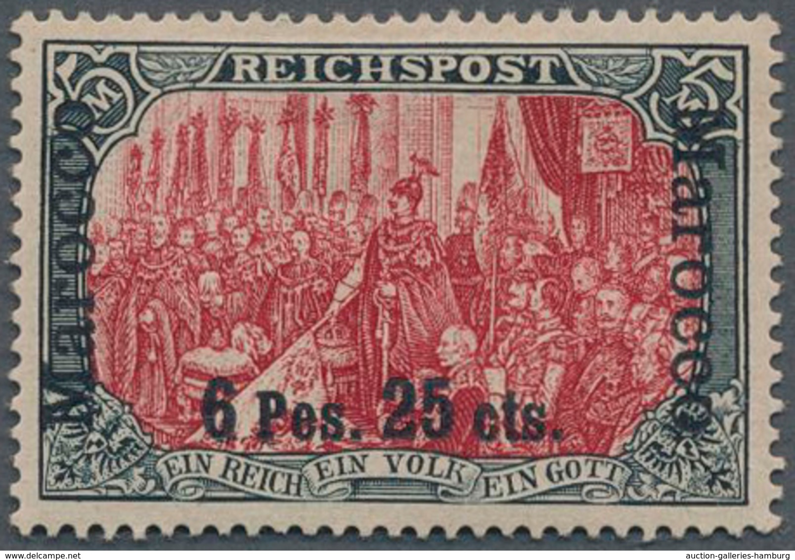 Deutsche Post In Marokko: 1900, 6 Pes. 25 Cts. Auf 5 Mark "Reichspost", Sog. Dünner Aufdruck, Type I - Marruecos (oficinas)