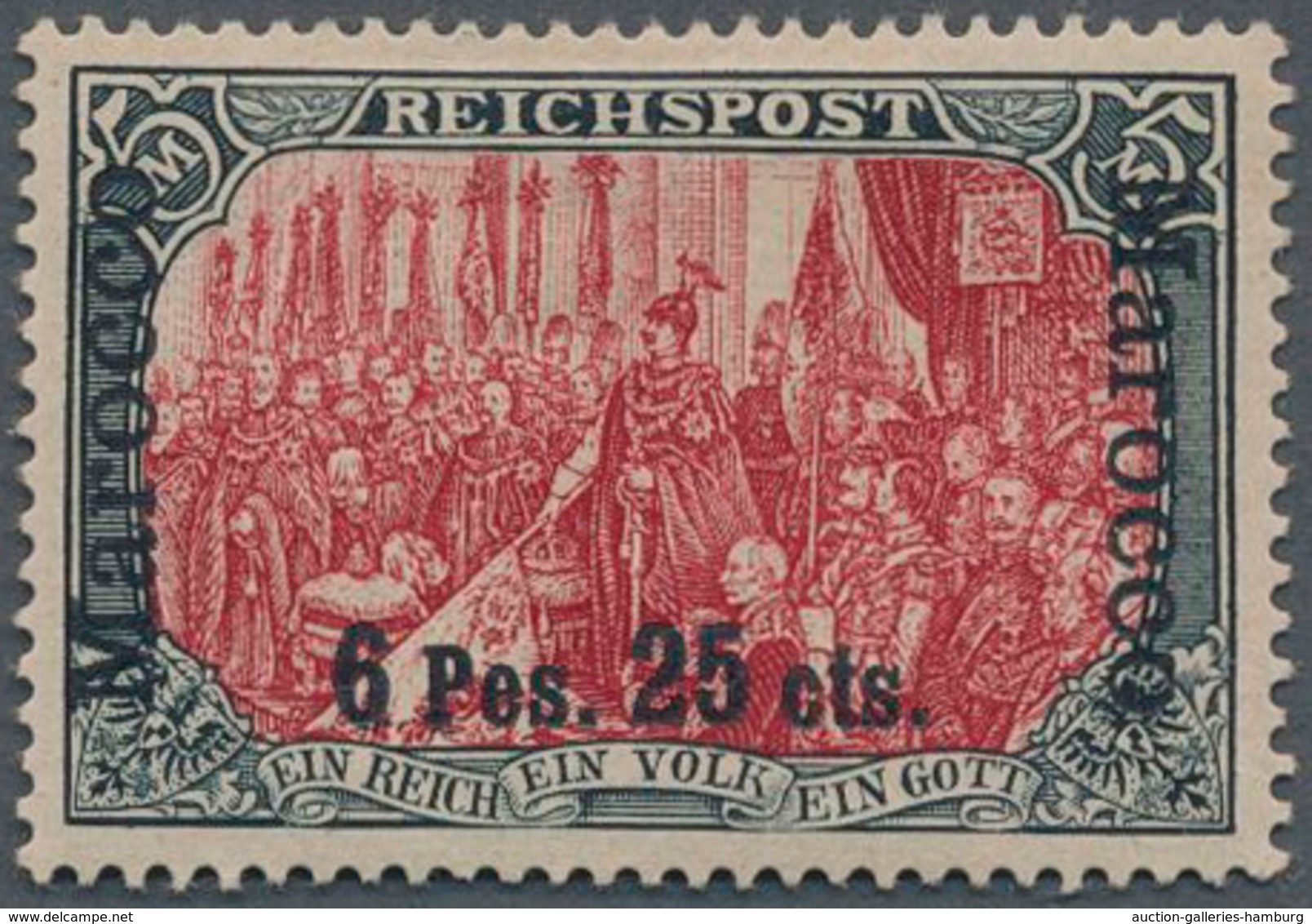 Deutsche Post In Marokko: 1900, 6 Pes. 25 Cts. Auf 5 Mark "Reichspost", Sog. Dünner Aufdruck, Type I - Deutsche Post In Marokko